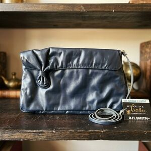 Vintage B.H. Smith Genuine Leather Navy Blue Bow Clutch / Shoulder Bag